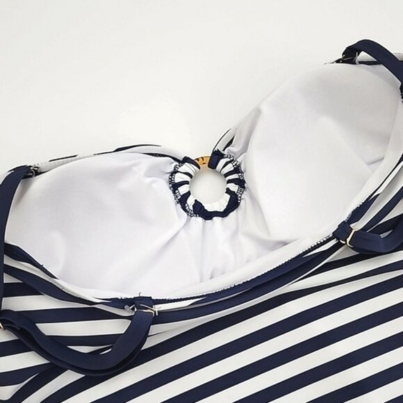 Simon Chang Solutions One-Piece Swimsuit Blue White Stripe High Back Size 16 - Picture 4 of 12